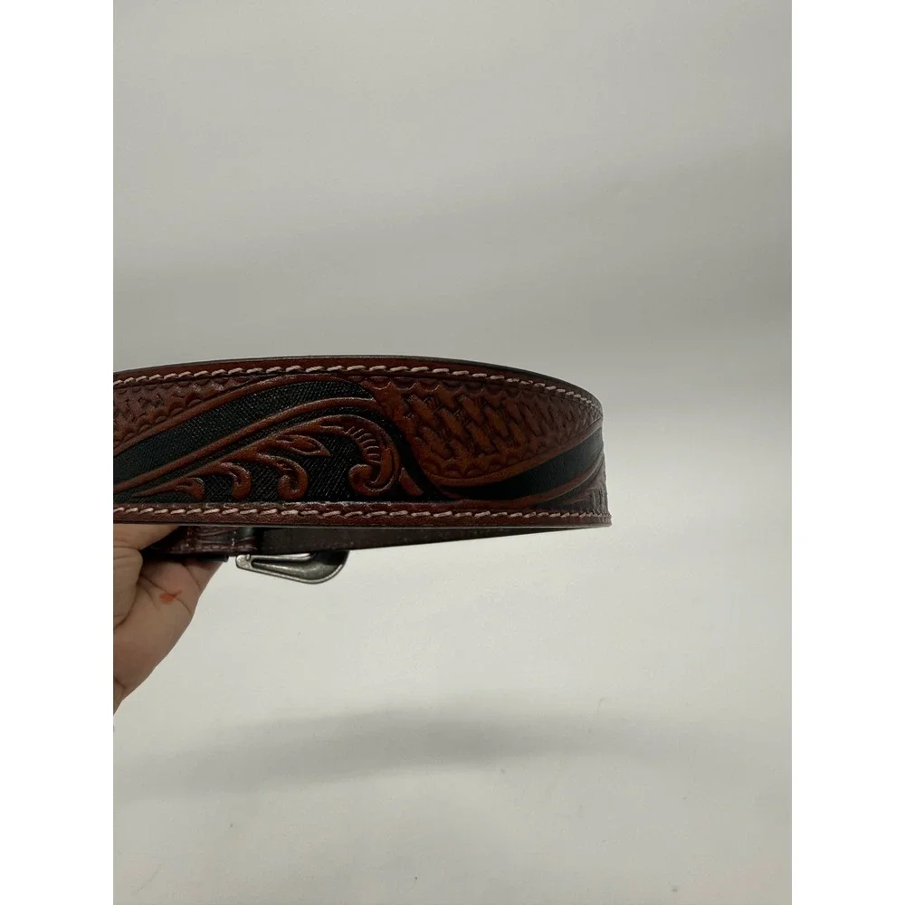 American Bison Genuine Leather Western Belt Brown Tooled Engraved Buckle Size S